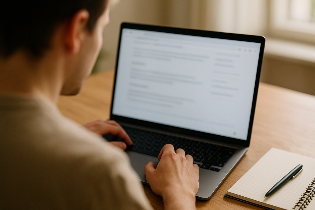 Person scrollt am Laptop zum Seitenende einer Website