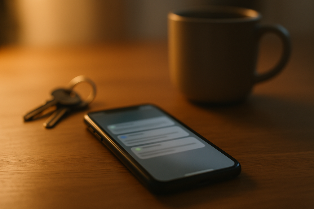 Smartphone mit mehreren Benachrichtigungen auf einem Schreibtisch am Abend